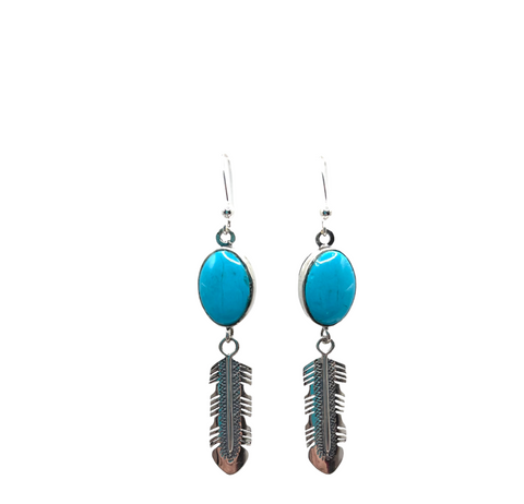 Wire earrings with oval Sleeping Beauty turquoise stone 1/2" x 1/2" with feather dangle.  Native American made.