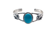 Cuff with 2 bar half round with 3/4" x 1/2" oval shaped Sleeping Beauty genuine turquoise stone with wire bezel and flower accent in satin finish.Cuff measures 5" with 1 1/4" opening.Native American made.