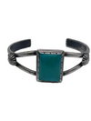 Cuff with 2 bar half round with 5/8" x 1/2" rectangular shaped genuine turquoise stone channel inlay with and peyote button in satin finish.Cuff measures 5" with 1 1/4" opening.Native American made.