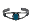 Beautiful cuff 2 bar half round with 1/2" x 1/2" oval blue Pilot Mountan turquoise stone in wire bezel setting with peyote button.Cuff measures 5 1/2" in with 1 1/4" opening.Native American made in the USA.