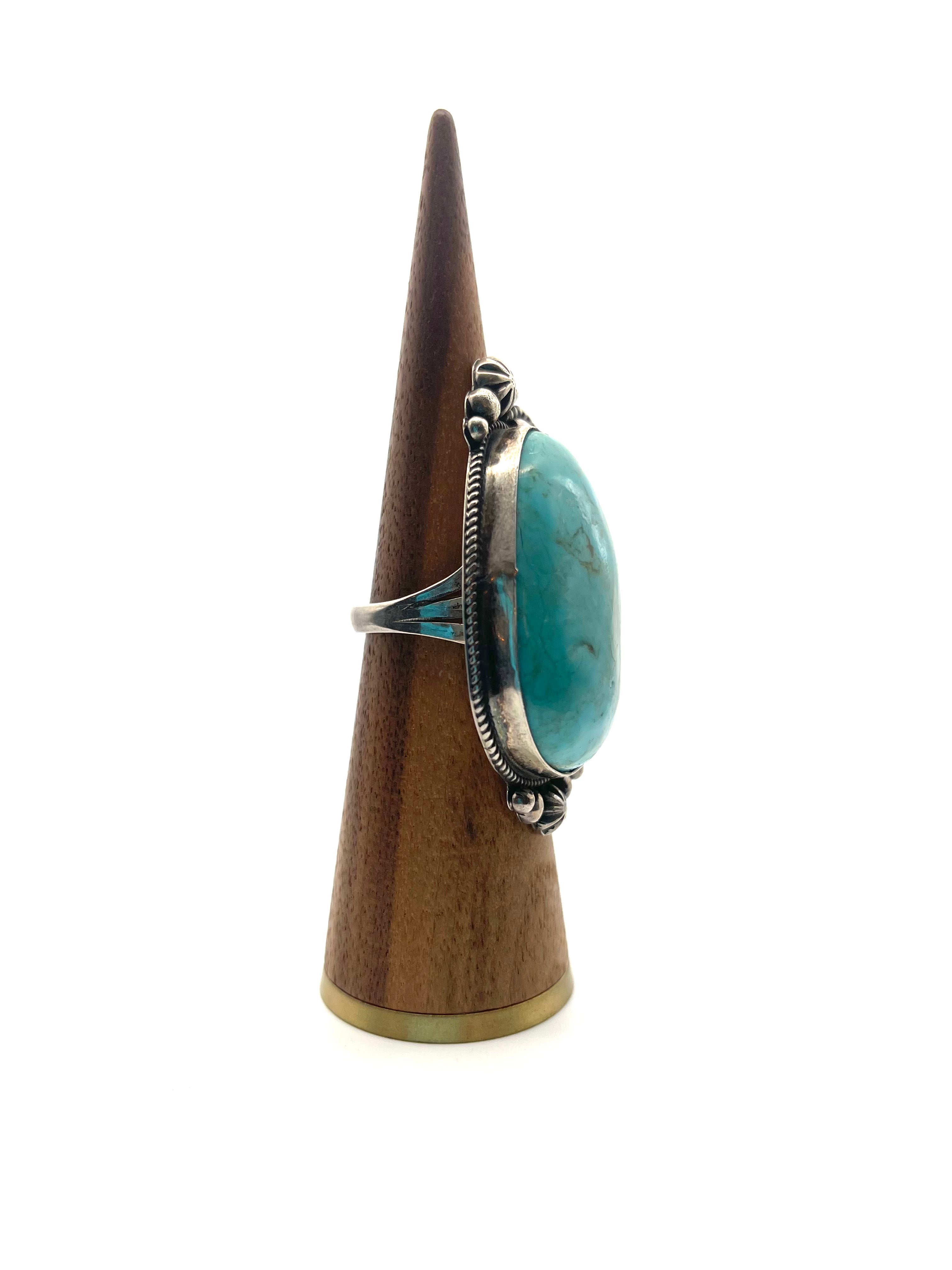Large Oval Kingman Turquoise Ring with Leafwork– Adobe Western Art Gallery