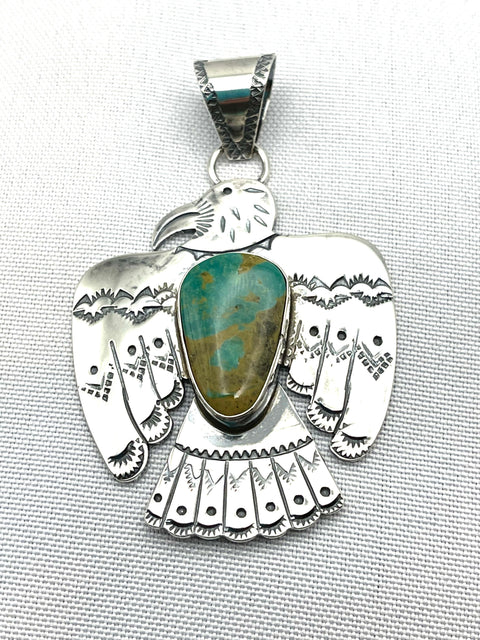 2" x 2 1/4" Thunderbird Pendant with Hachita Turquoise Stone